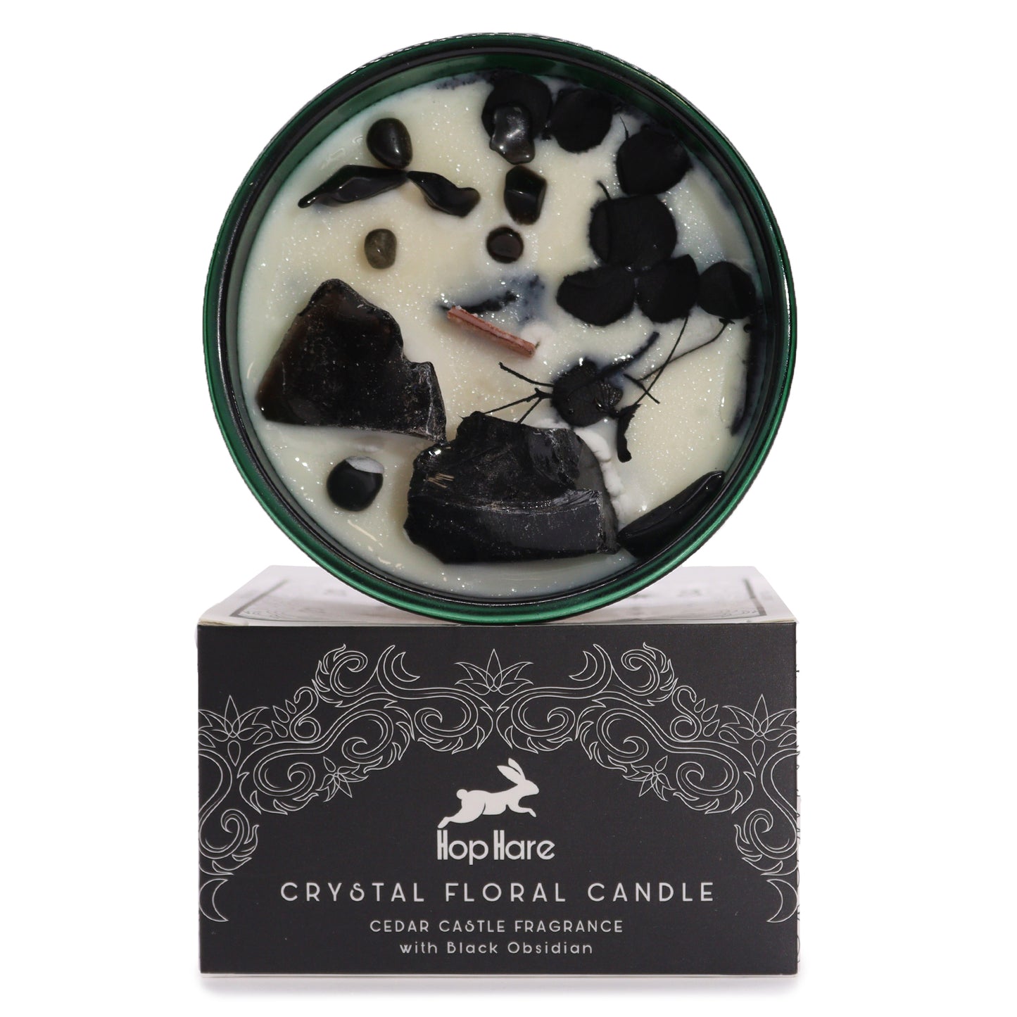 Lumanare de soia cu cristale Obsidian si flori - The Knight of Swords