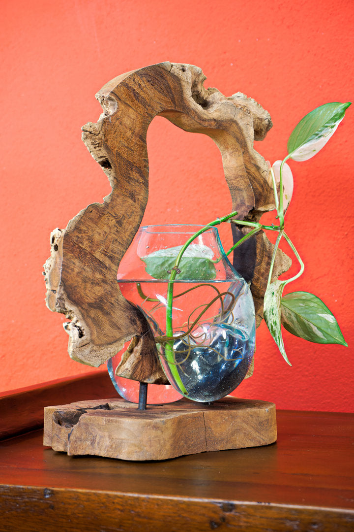 Decoratiune artizanala din lemn cu bol din sticla topita - Hanging art