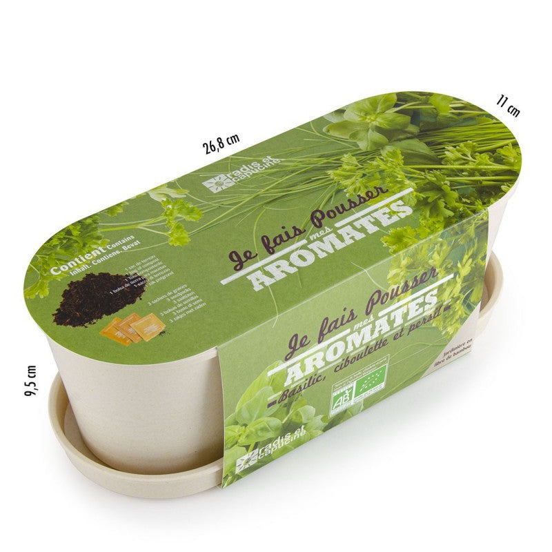 Kit cu ghiveci de bambus - 3 plante aromatice (busuioc, patrunjel, arpagic)